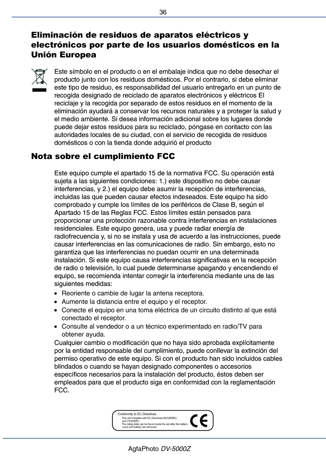 AGFA DV-5000Z manual Nota sobre el cumplimiento FCC, Conformity to EC Directives 