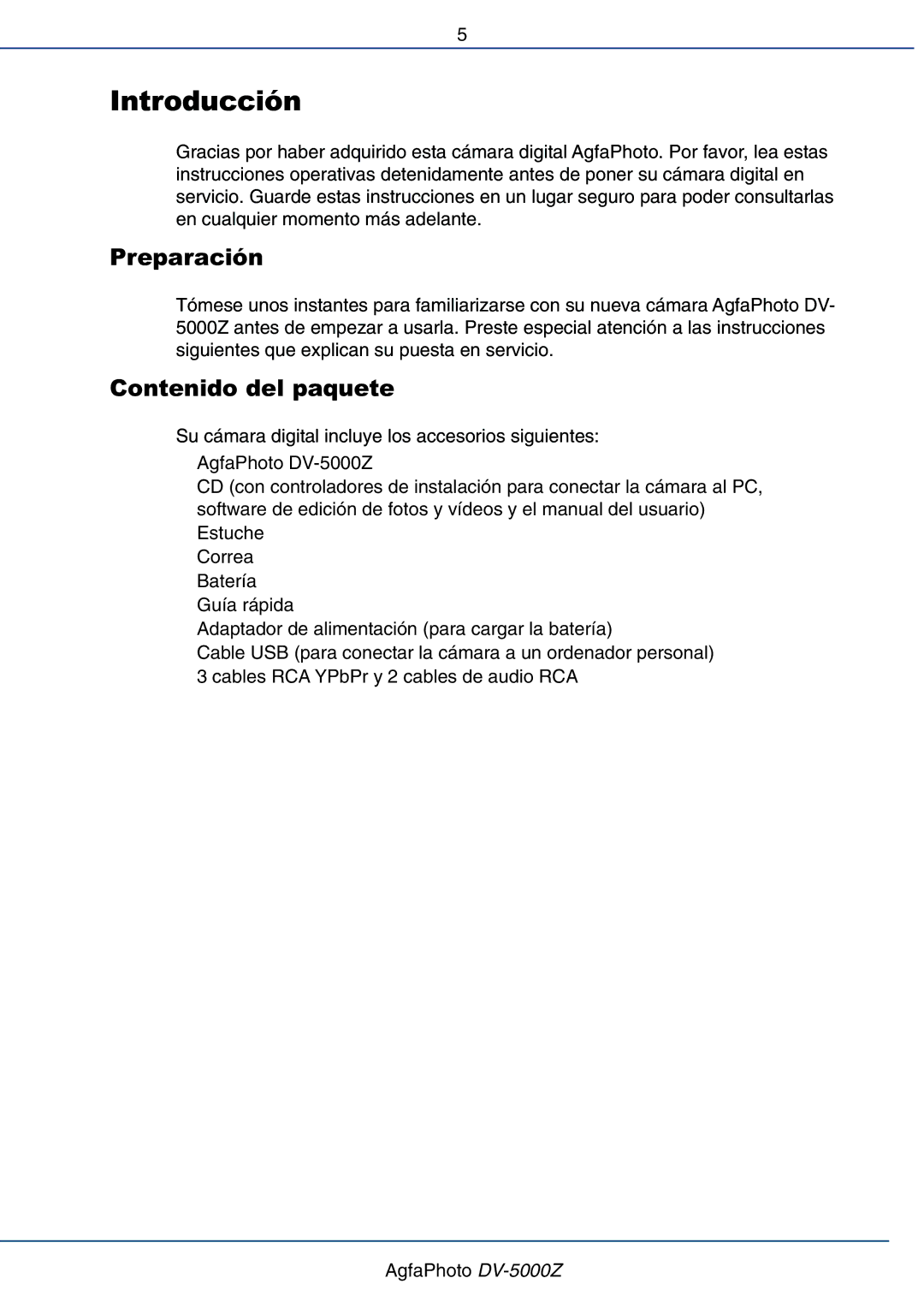 AGFA DV-5000Z manual Introducción, Preparación, Contenido del paquete 