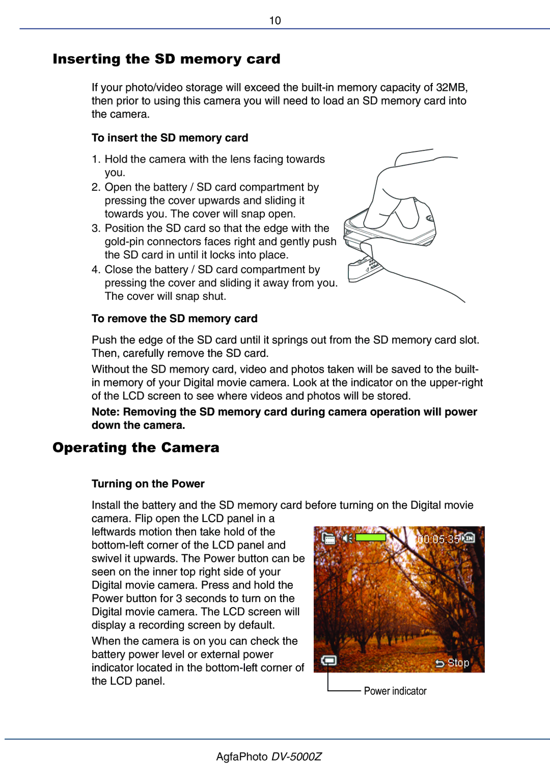 AGFA DV-5000Z Inserting the SD memory card, Operating the Camera, To insert the SD memory card, Turning on the Power 