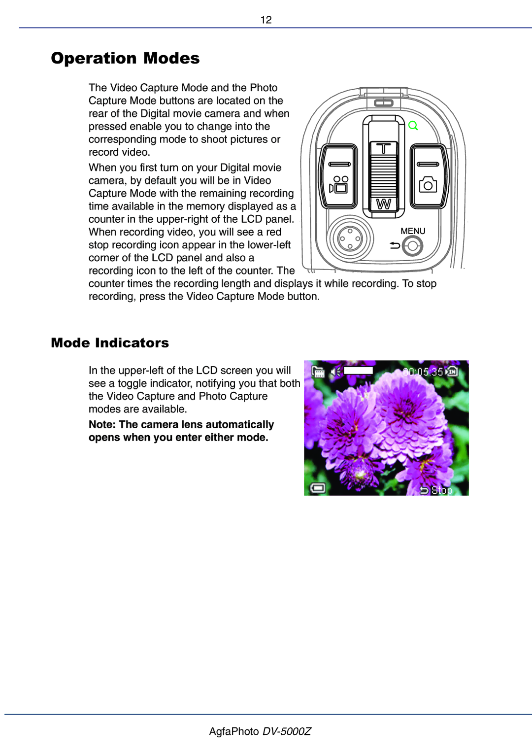 AGFA DV-5000Z user manual Operation Modes, Mode Indicators 