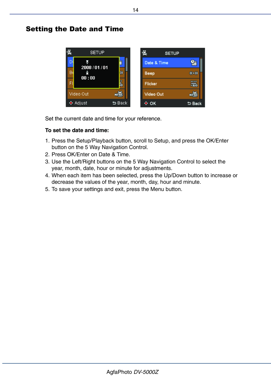 AGFA DV-5000Z user manual Setting the Date and Time, To set the date and time 