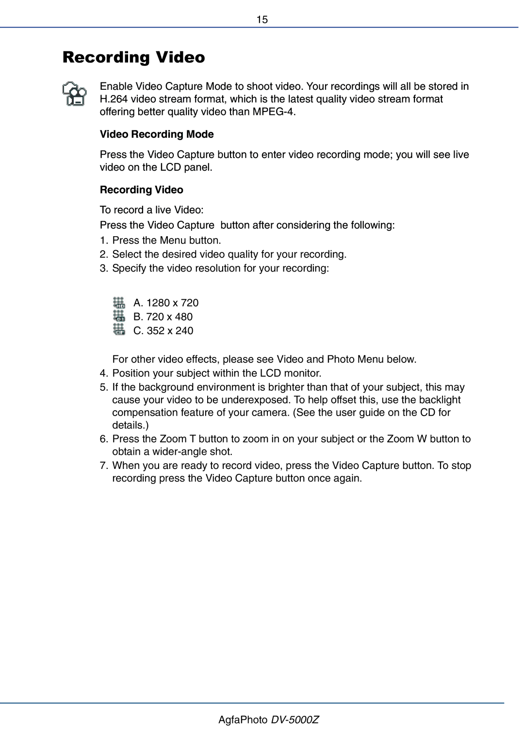 AGFA DV-5000Z user manual Recording Video, Video Recording Mode 