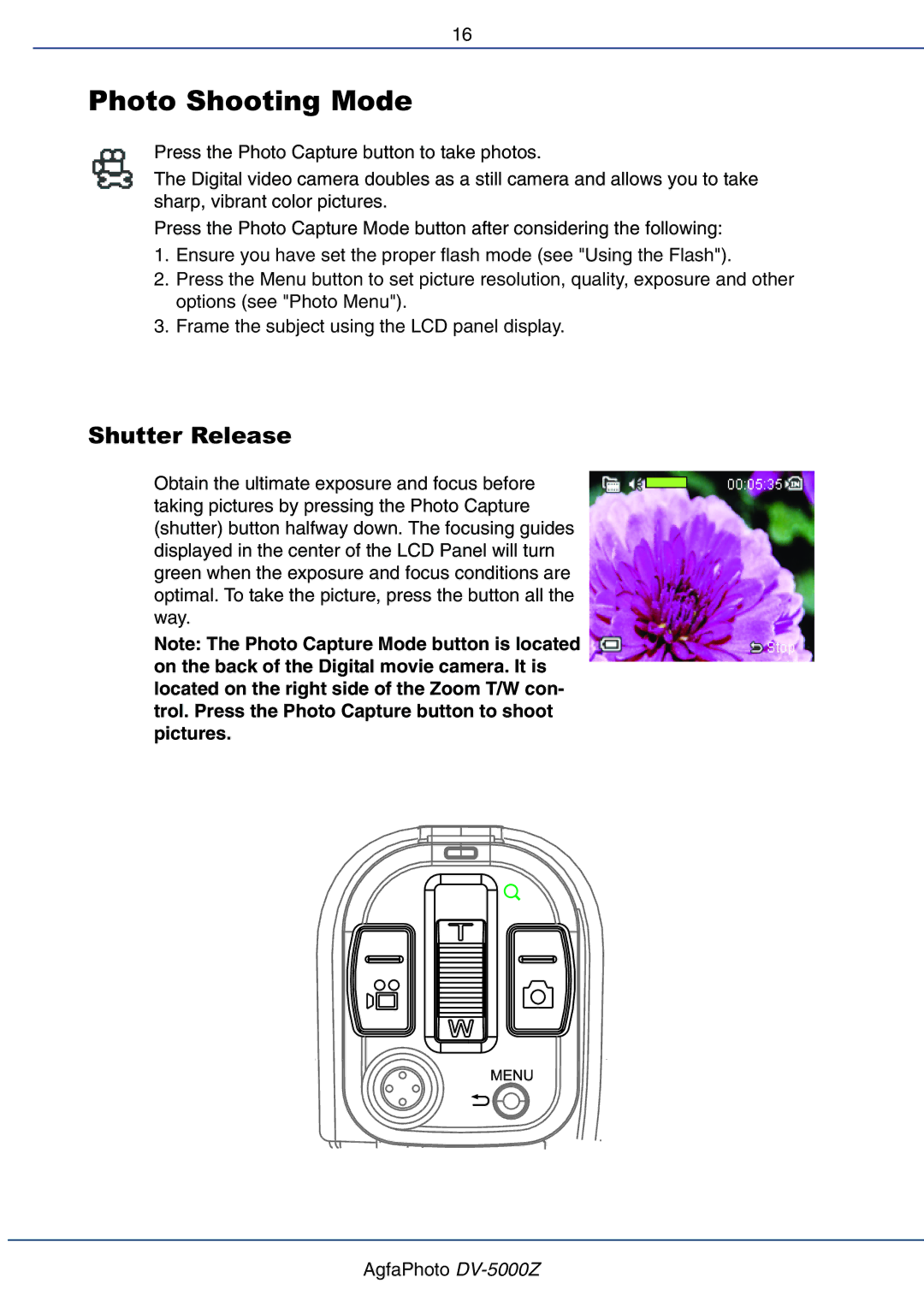 AGFA DV-5000Z user manual Photo Shooting Mode, Shutter Release 