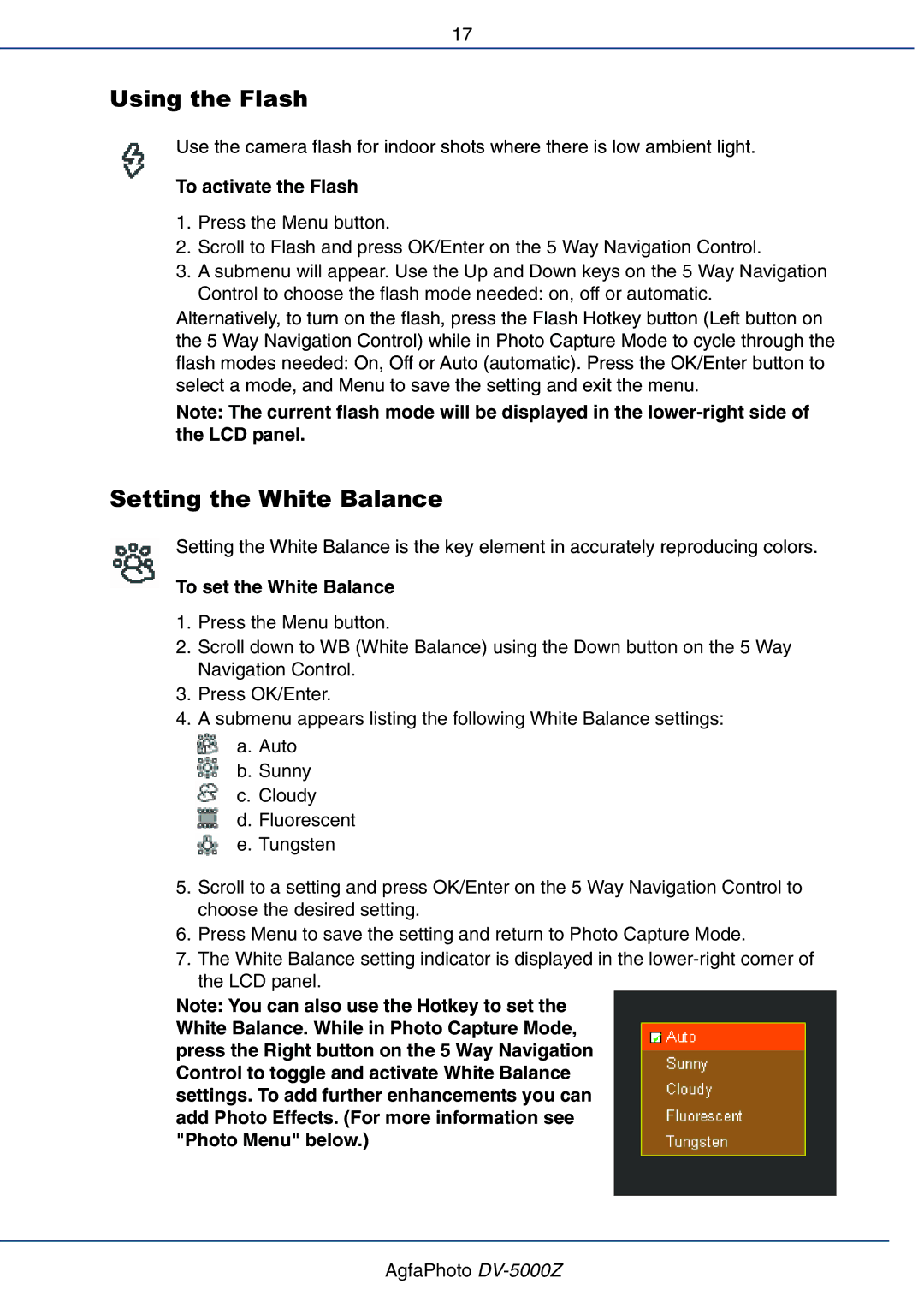 AGFA DV-5000Z user manual Using the Flash, Setting the White Balance, To activate the Flash, To set the White Balance 