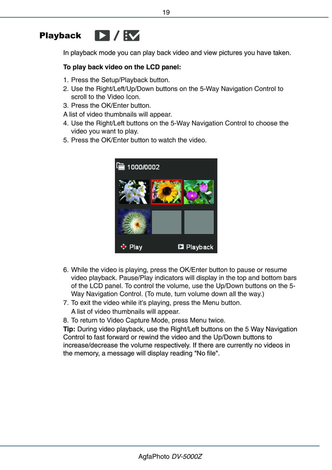 AGFA DV-5000Z user manual Playback, To play back video on the LCD panel 