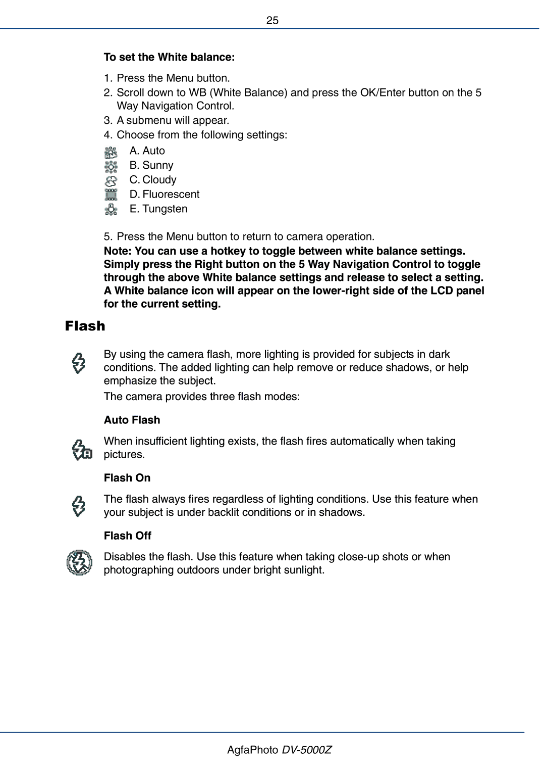 AGFA DV-5000Z user manual Auto Flash, Flash On, Flash Off 