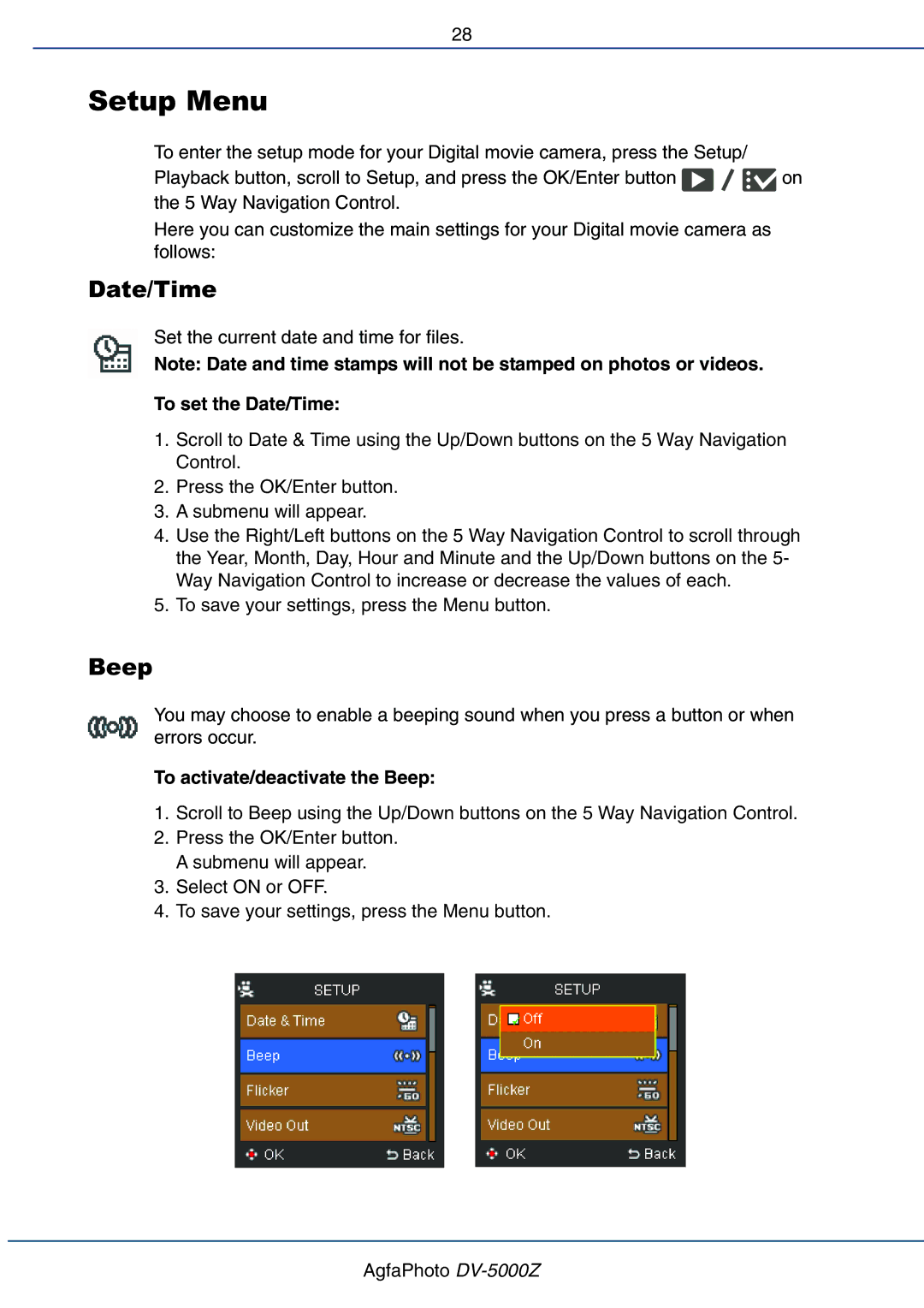 AGFA DV-5000Z user manual Setup Menu, To set the Date/Time, To activate/deactivate the Beep 