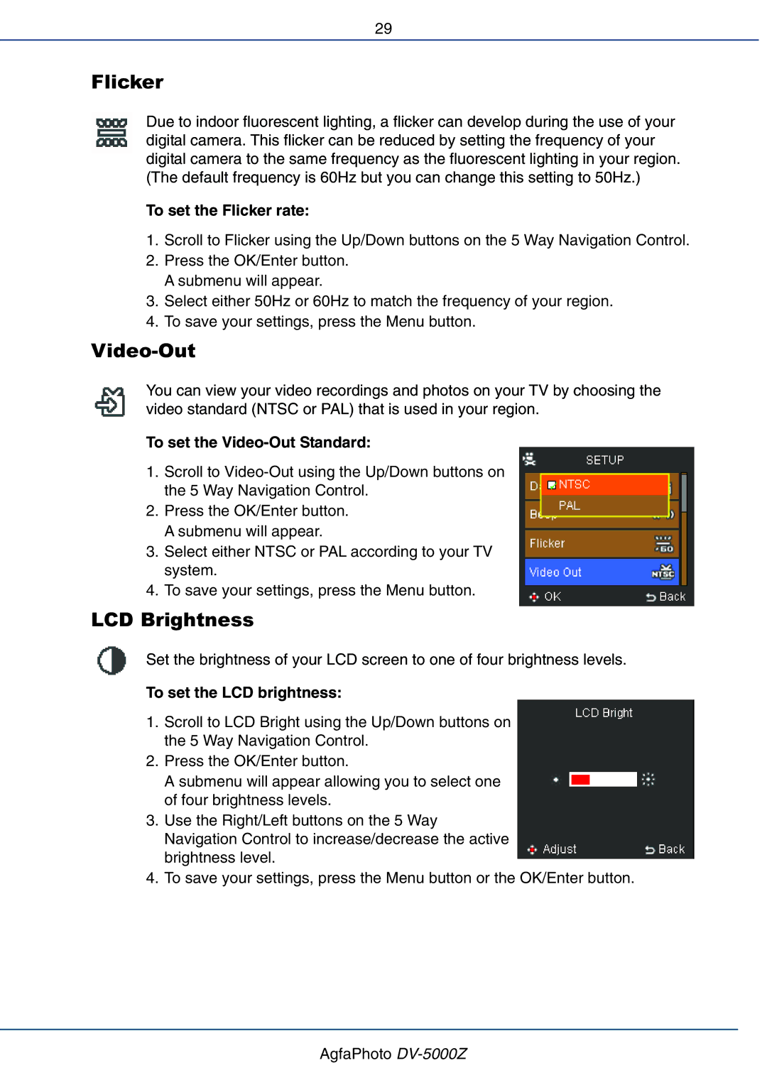 AGFA DV-5000Z user manual Flicker, Video-Out, LCD Brightness 