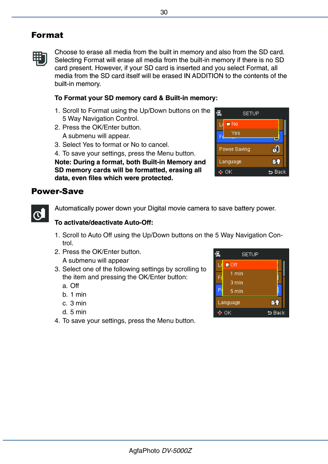 AGFA DV-5000Z user manual Power-Save, To Format your SD memory card & Built-in memory, To activate/deactivate Auto-Off 