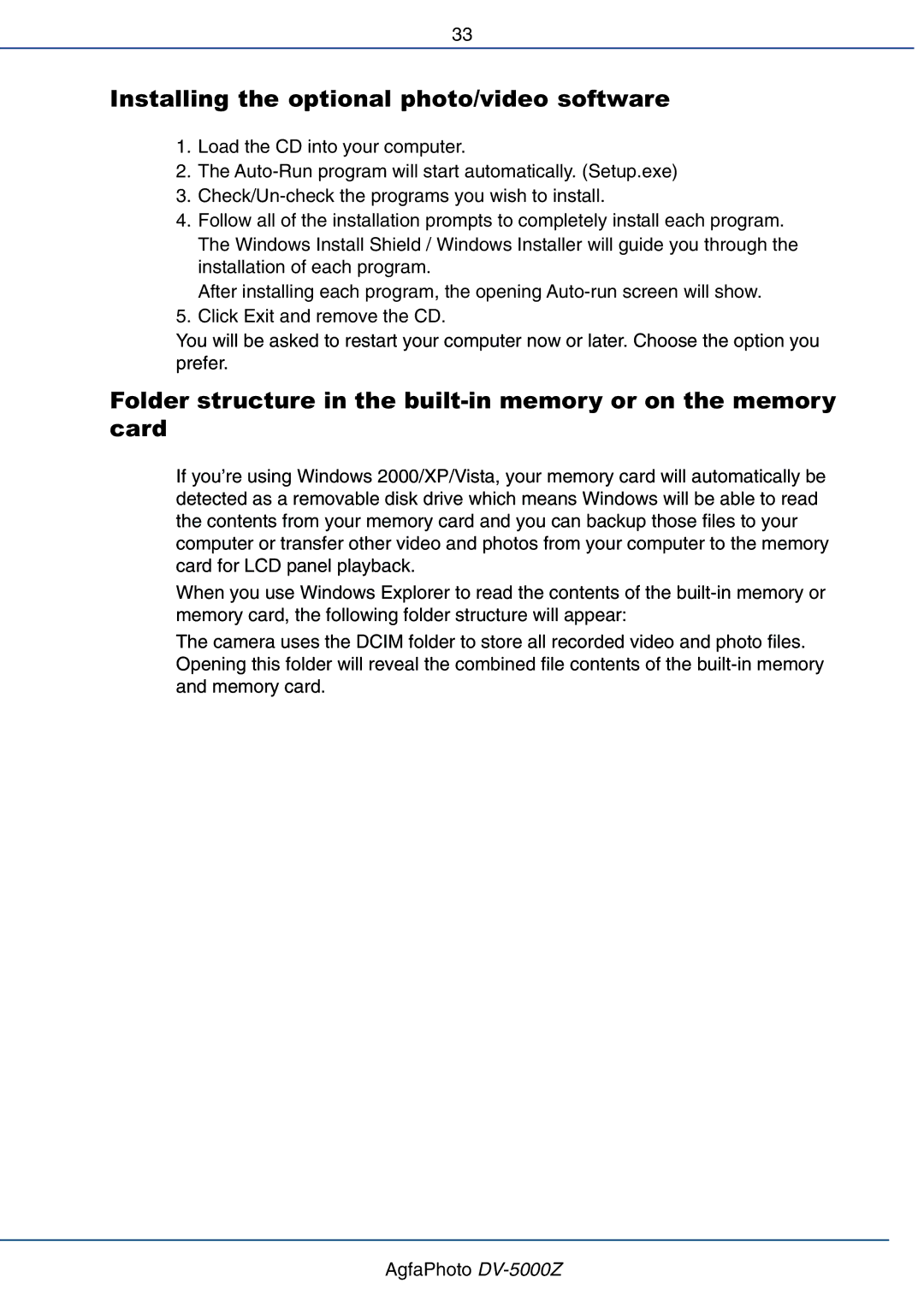 AGFA DV-5000Z user manual Installing the optional photo/video software 