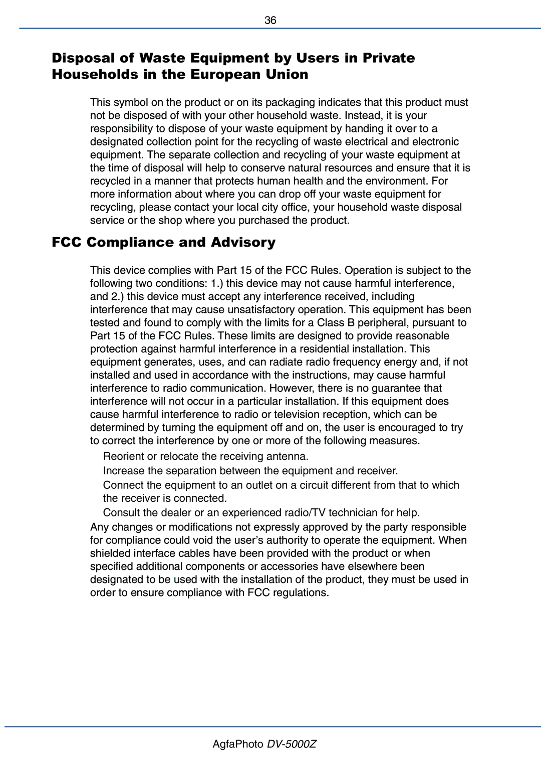 AGFA DV-5000Z user manual FCC Compliance and Advisory 
