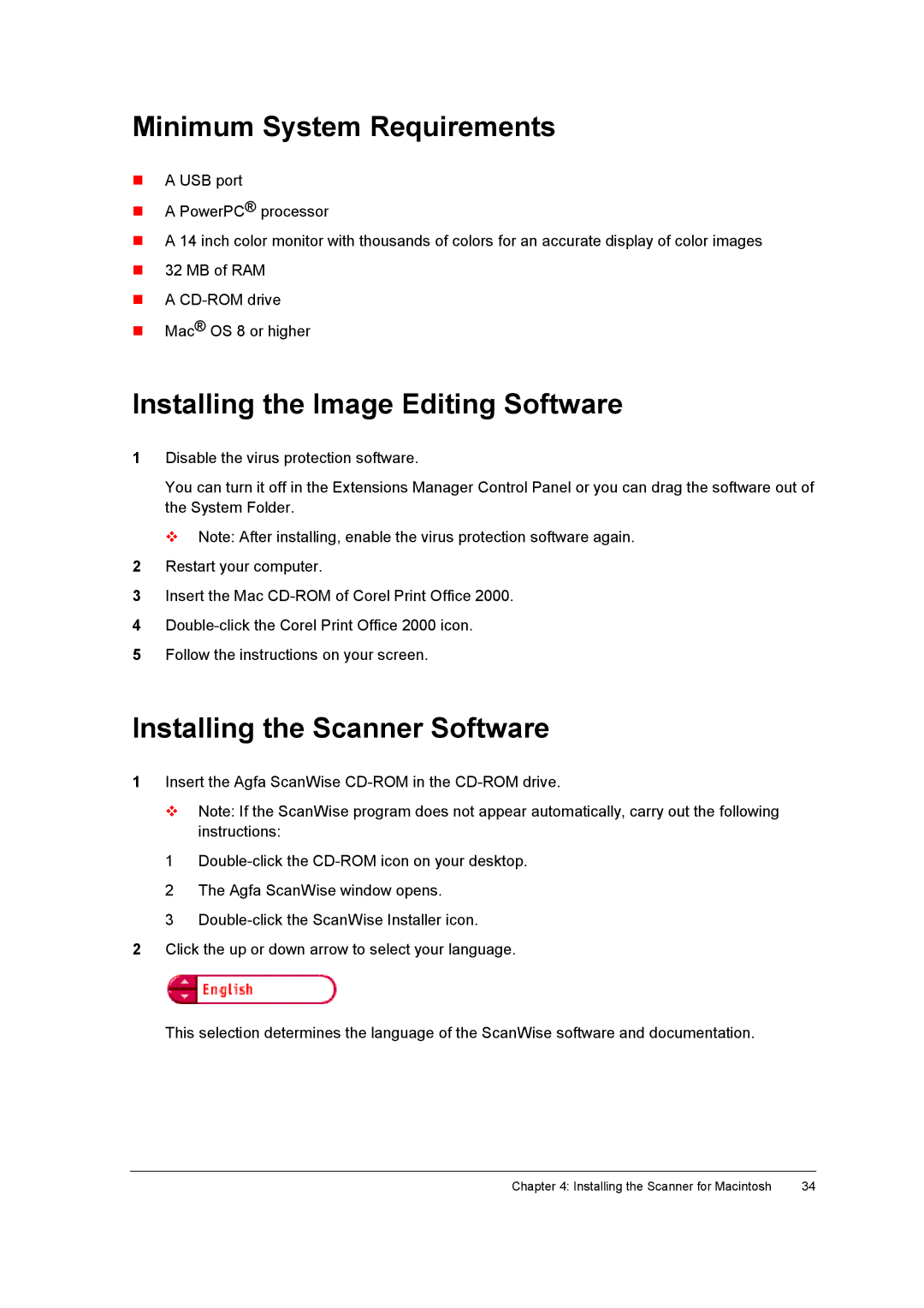 AGFA E50, E40 appendix Minimum System Requirements, Installing the Image Editing Software 