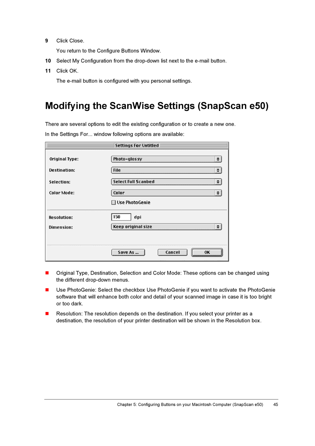 AGFA E40, E50 appendix Modifying the ScanWise Settings SnapScan e50 