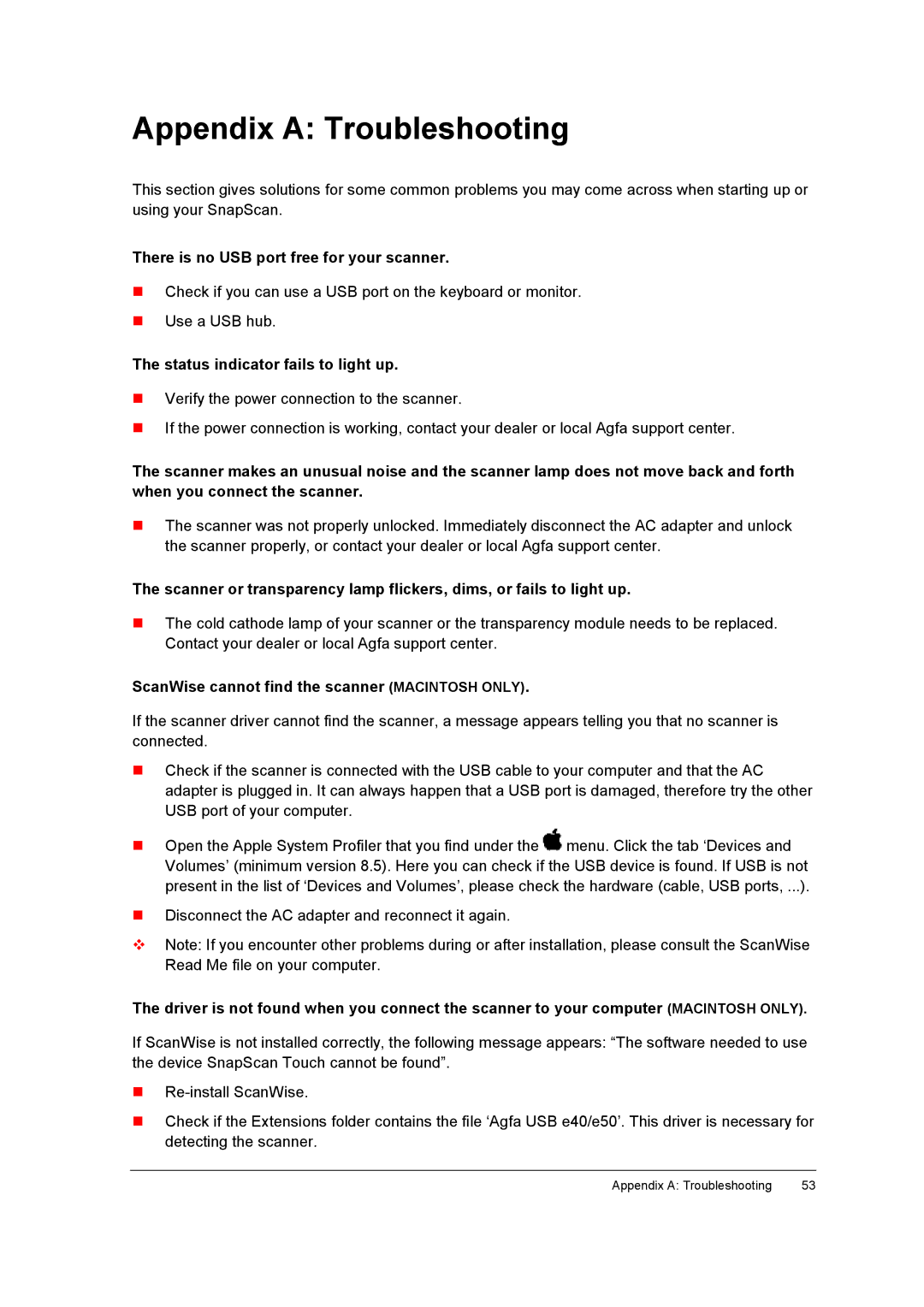 AGFA E40, E50 appendix Appendix a Troubleshooting, Status indicator fails to light up 