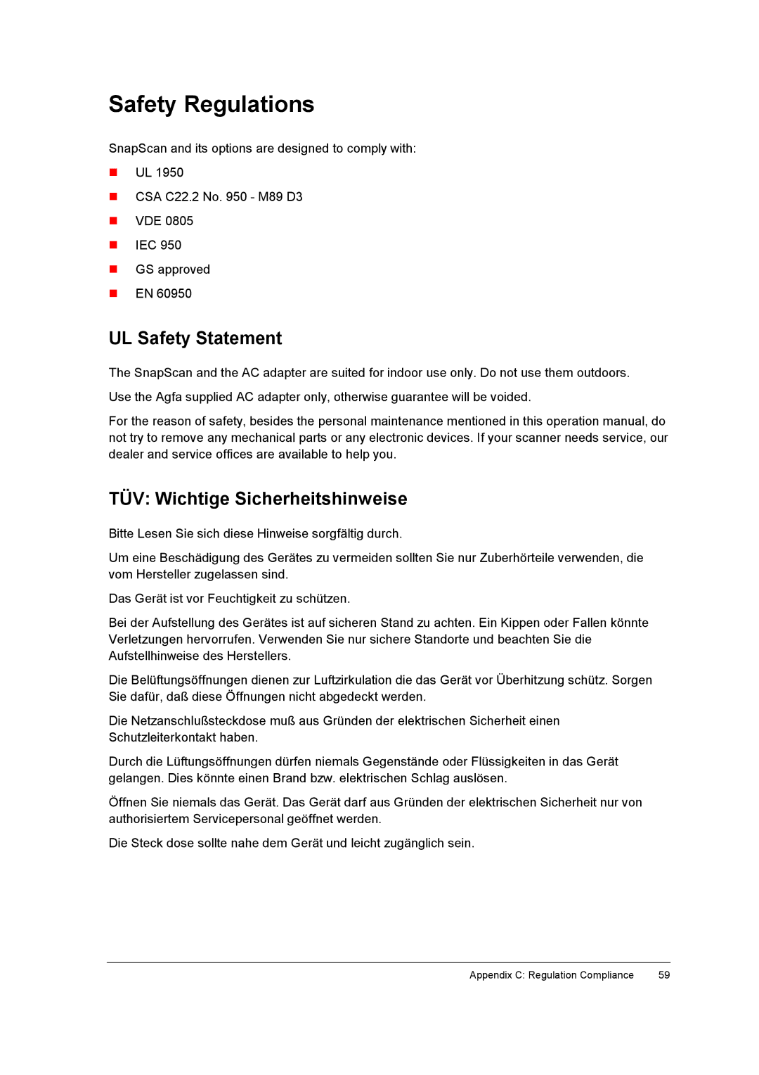 AGFA E40, E50 appendix Safety Regulations, UL Safety Statement 