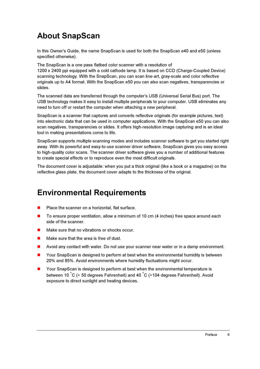 AGFA E50, E40 appendix About SnapScan, Environmental Requirements 