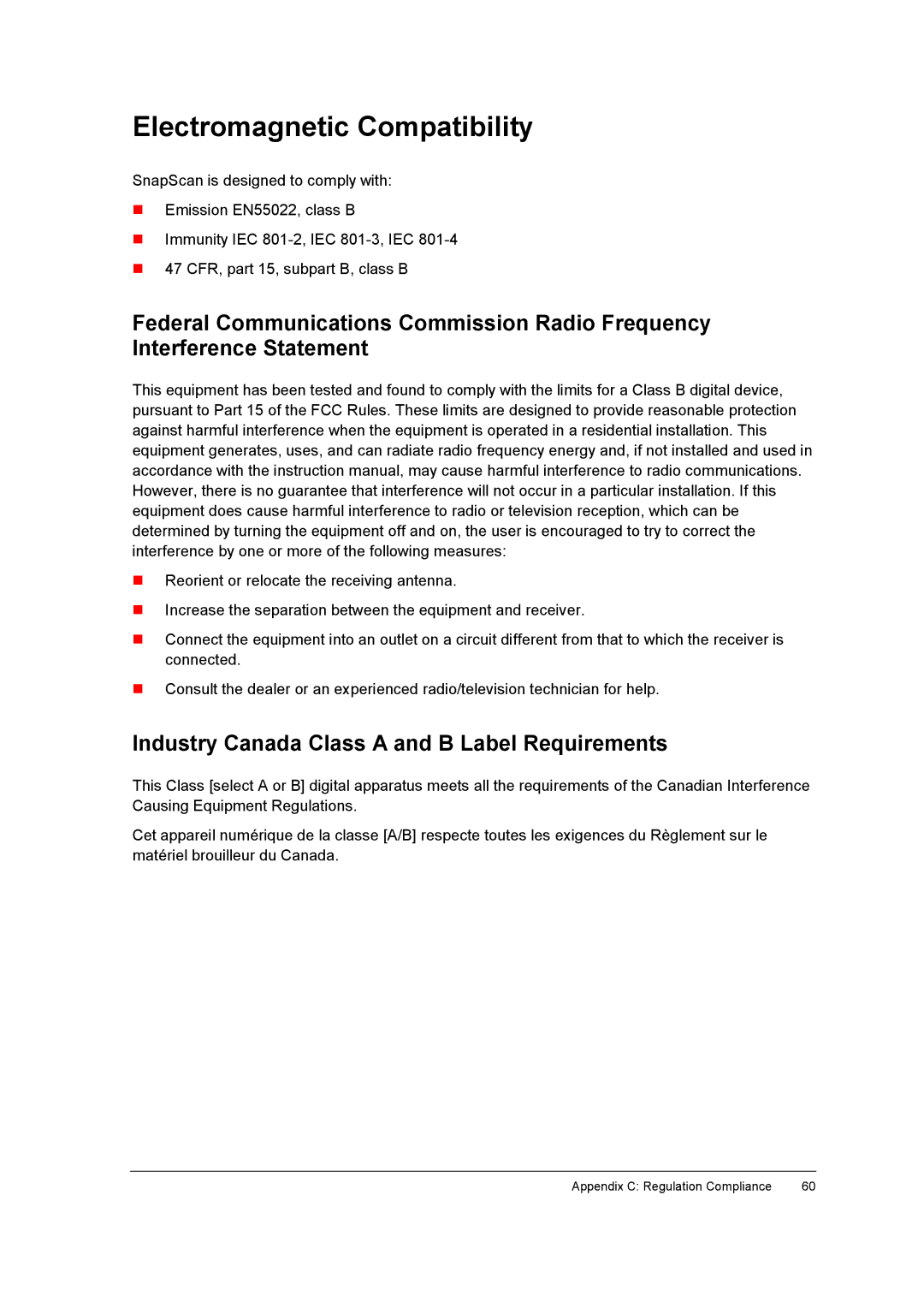 AGFA E50, E40 appendix Electromagnetic Compatibility, Industry Canada Class a and B Label Requirements 