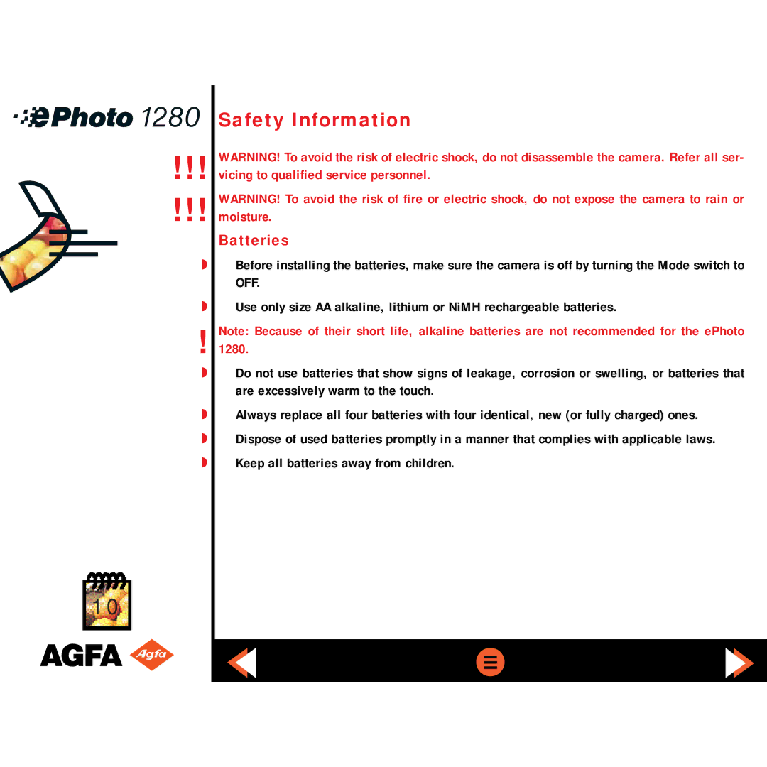 AGFA ePHOTO 1280 manual Safety Information, Batteries 