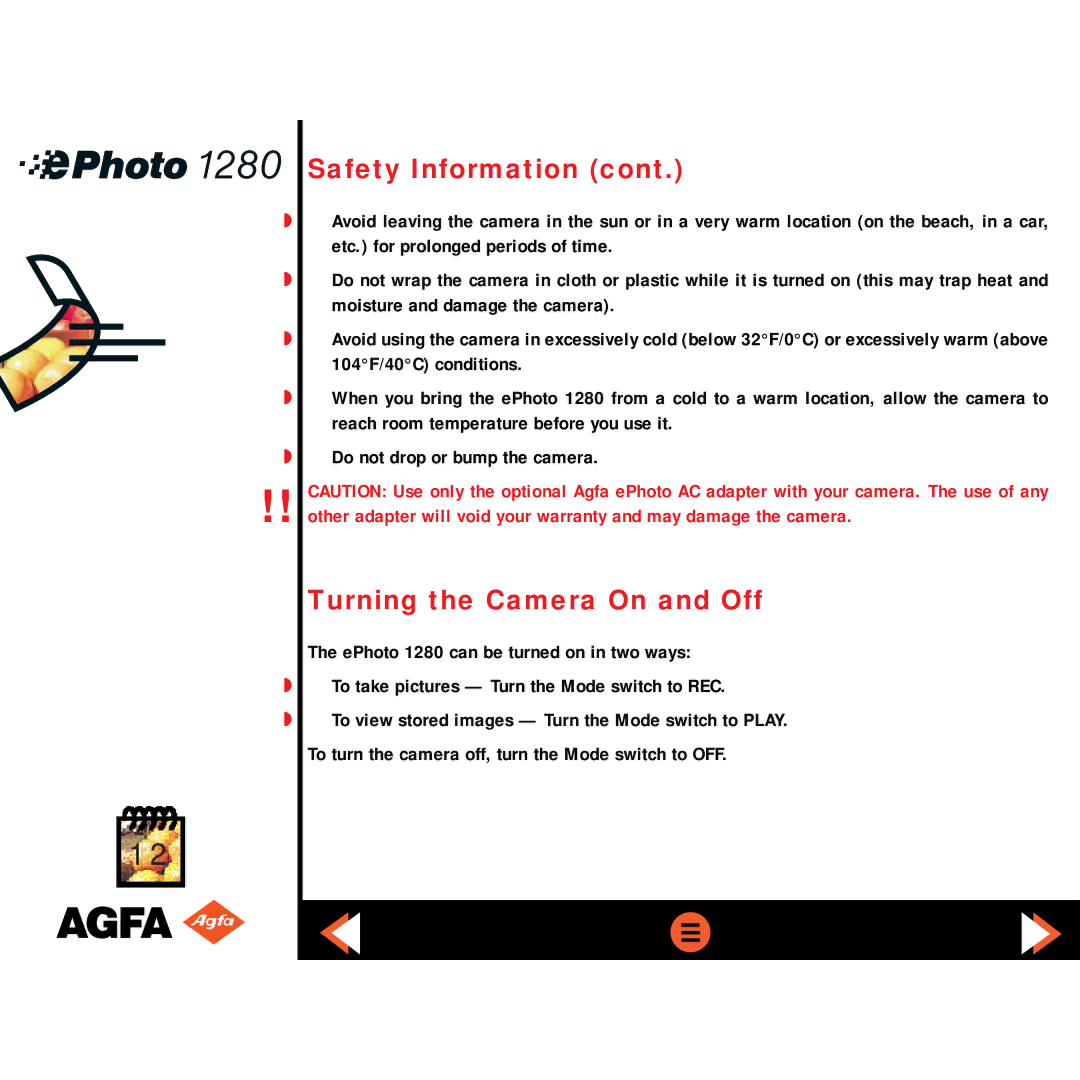 AGFA ePHOTO 1280 manual Turning the Camera On and Off 