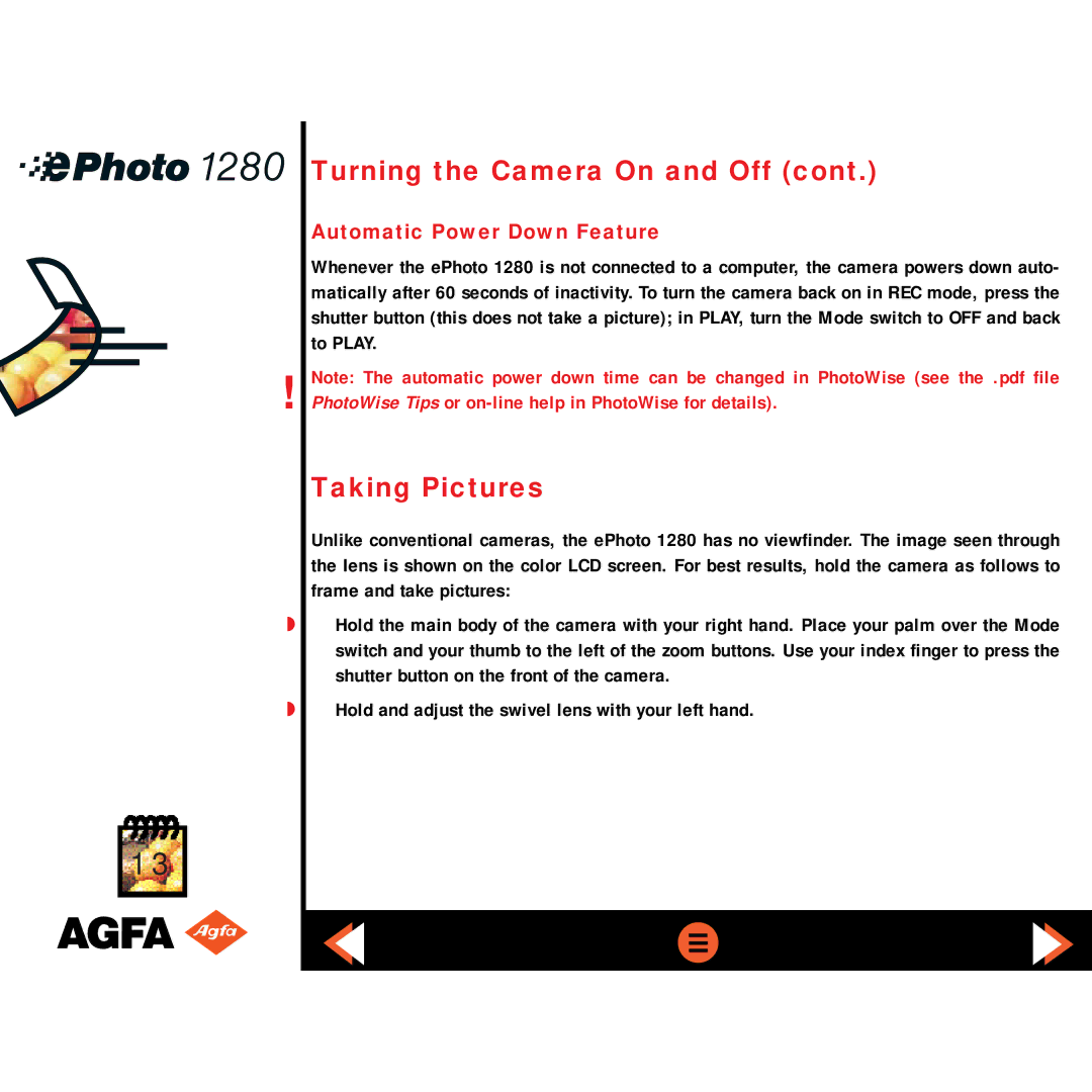 AGFA ePHOTO 1280 manual Taking Pictures, Automatic Power Down Feature 