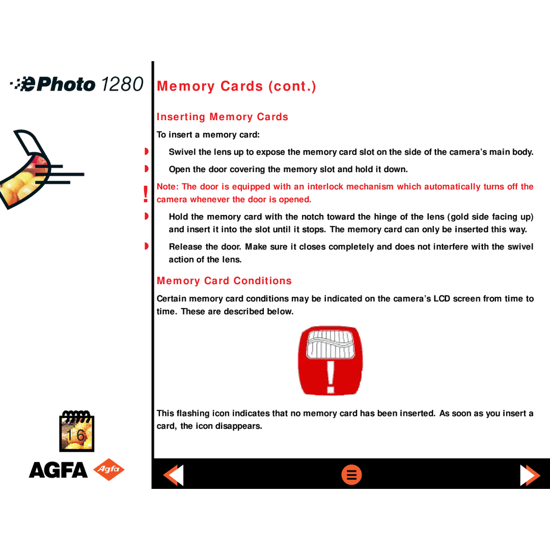 AGFA ePHOTO 1280 manual Inserting Memory Cards, Memory Card Conditions 