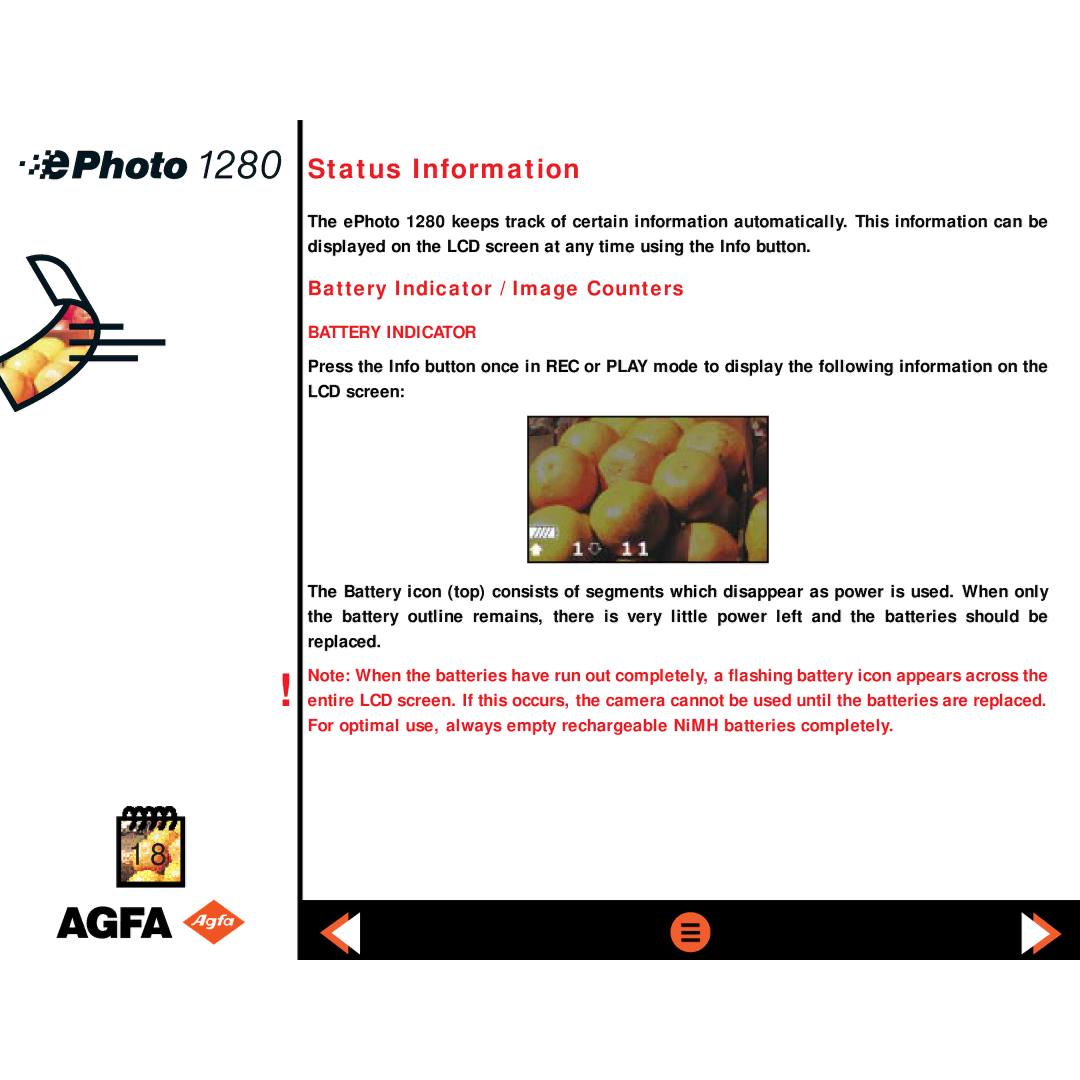 AGFA ePHOTO 1280 manual Status Information, Battery Indicator / Image Counters 