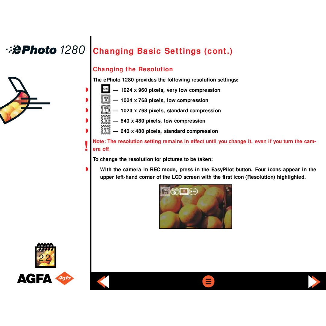 AGFA ePHOTO 1280 manual Changing the Resolution 