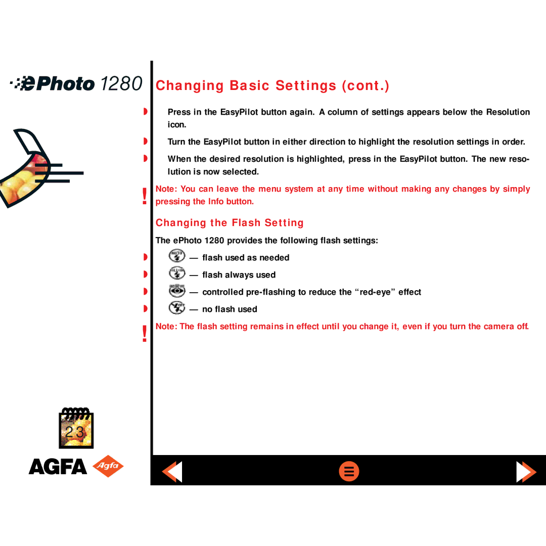 AGFA ePHOTO 1280 manual Changing the Flash Setting 