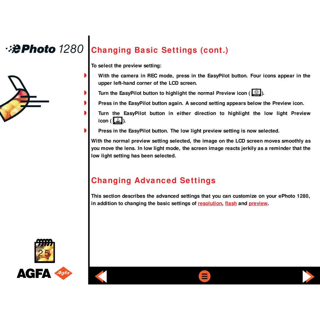 AGFA ePHOTO 1280 manual Changing Advanced Settings 