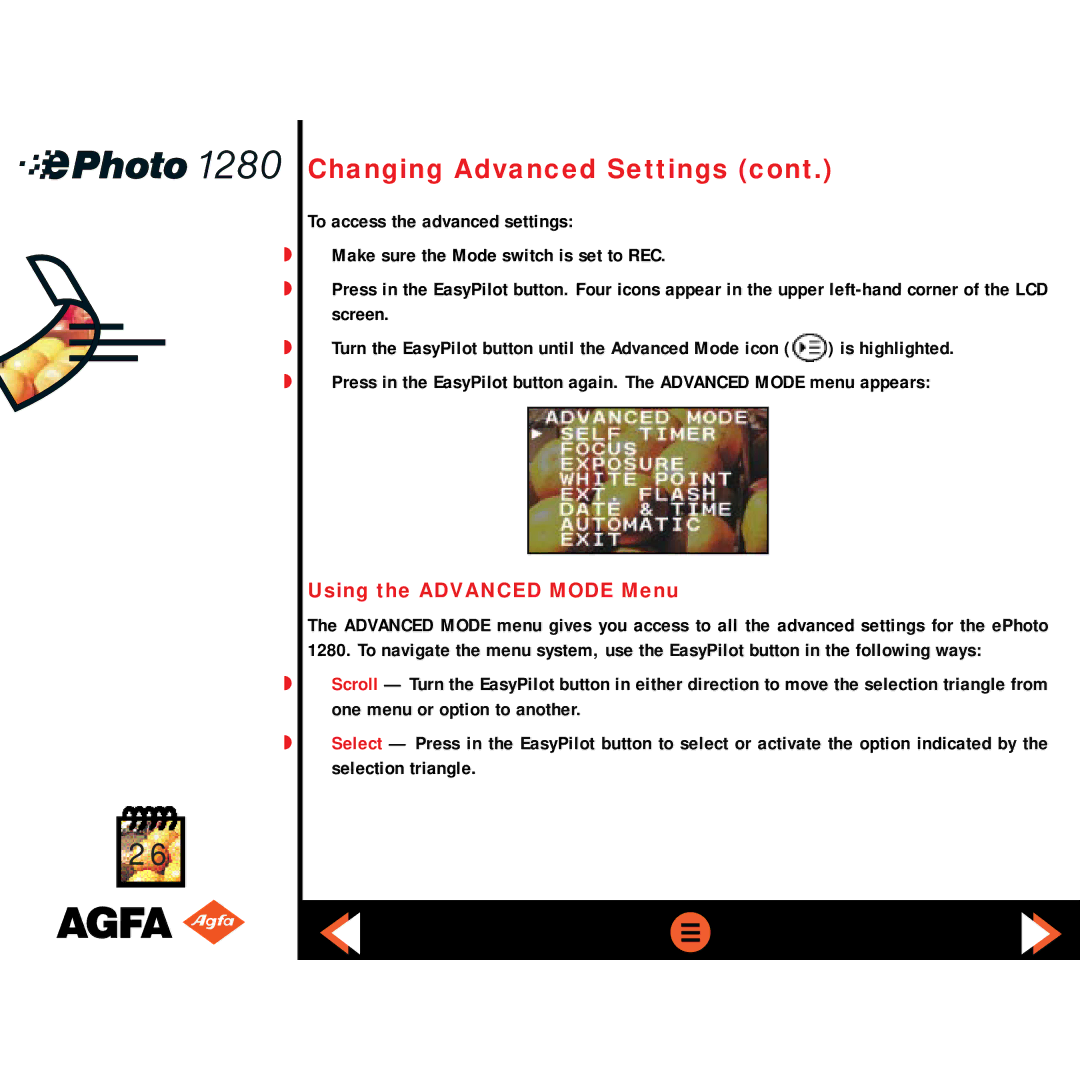AGFA ePHOTO 1280 manual Using the Advanced Mode Menu 
