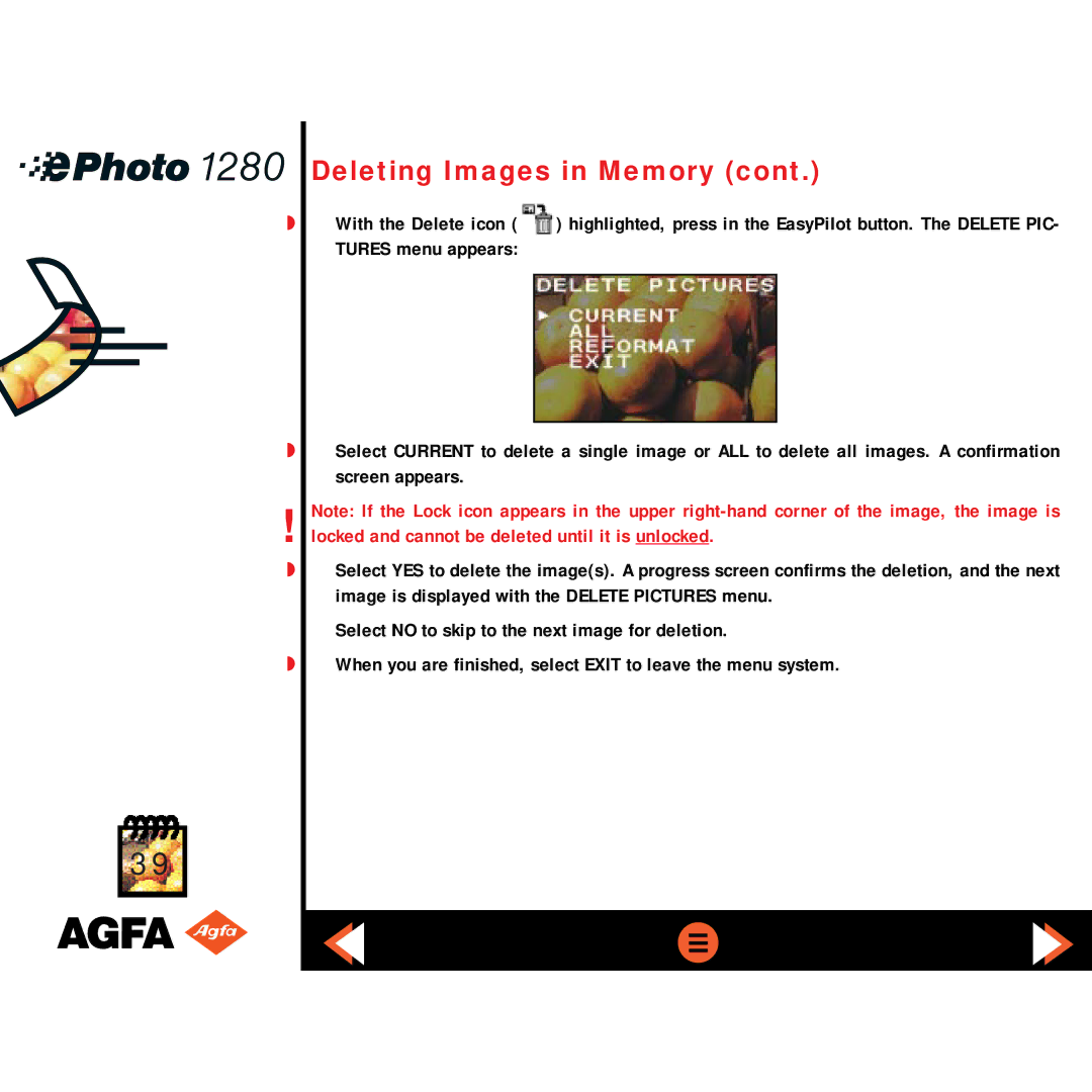 AGFA ePHOTO 1280 manual Deleting Images in Memory 