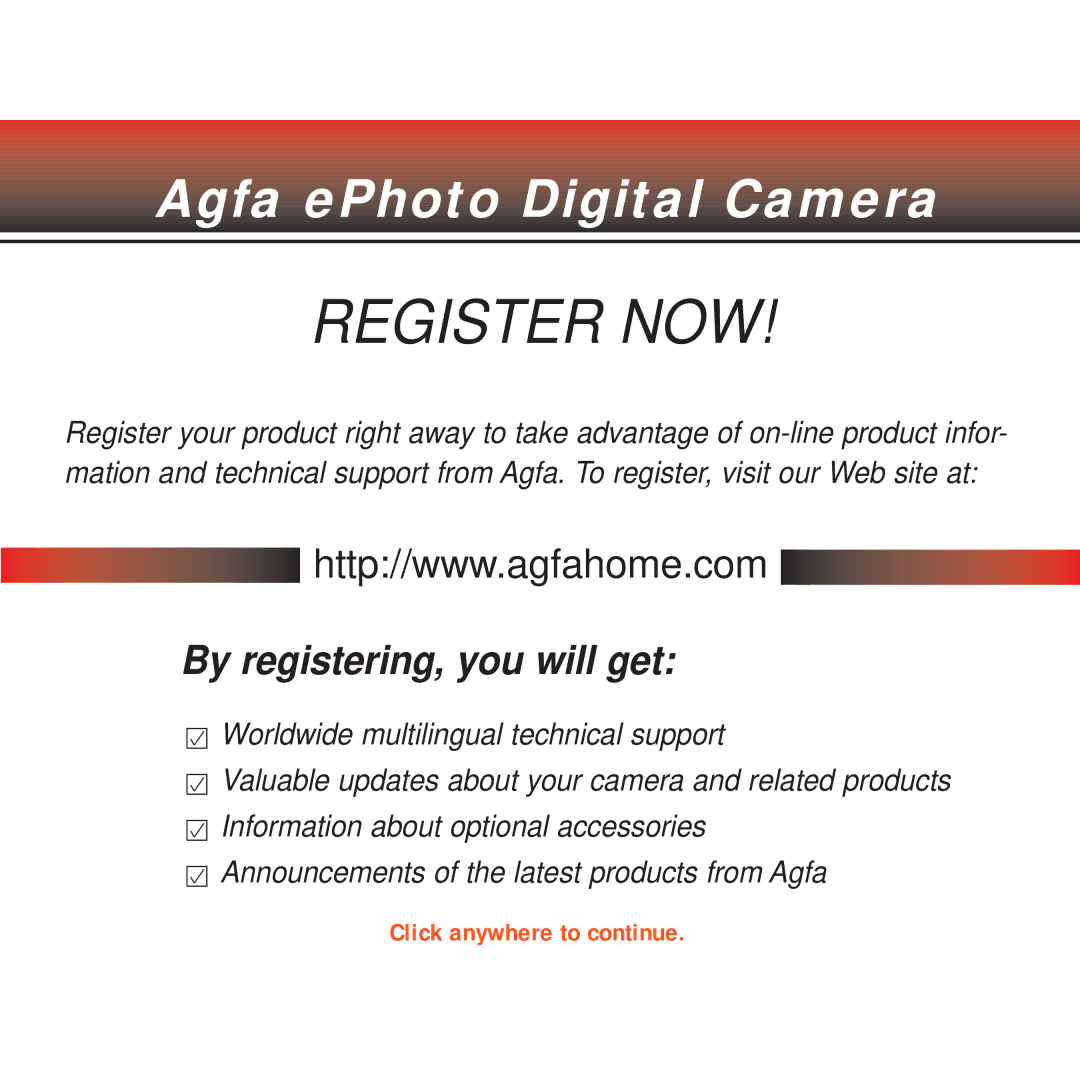 AGFA ePHOTO 1280 manual Register NOW 