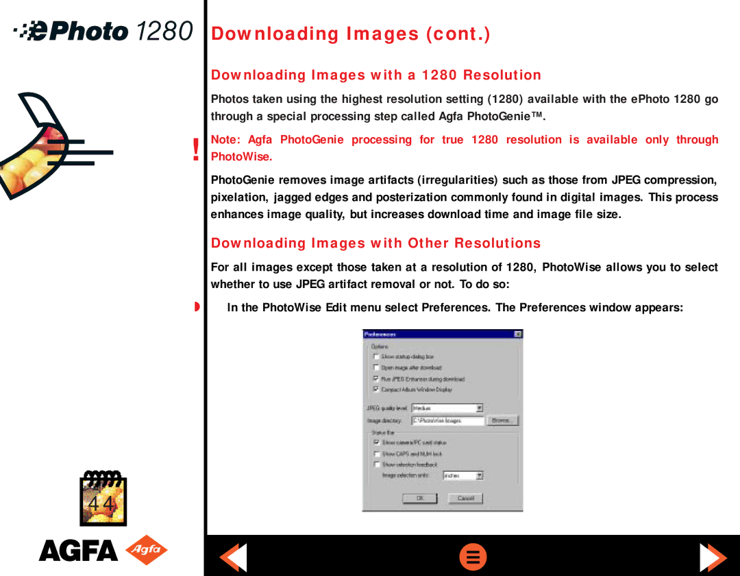 AGFA ePHOTO 1280 manual Downloading Images with a 1280 Resolution, Downloading Images with Other Resolutions 