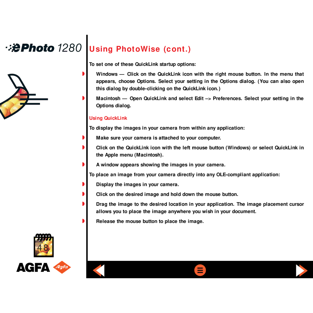AGFA ePHOTO 1280 manual To set one of these QuickLink startup options, Using QuickLink 