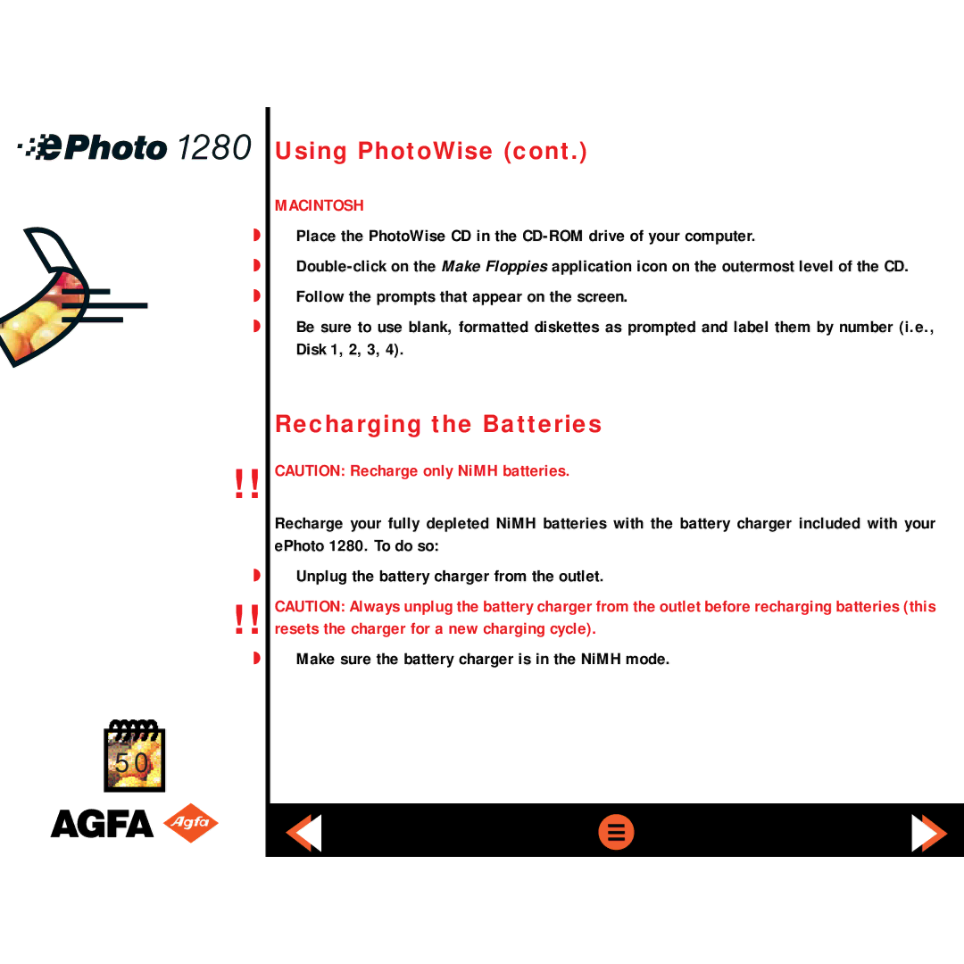 AGFA ePHOTO 1280 manual Recharging the Batteries, Macintosh 