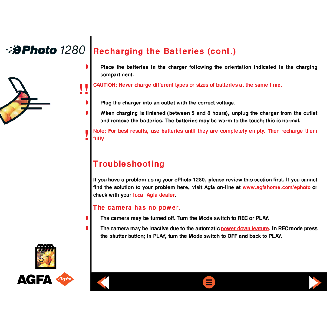 AGFA ePHOTO 1280 manual Troubleshooting, Camera has no power 