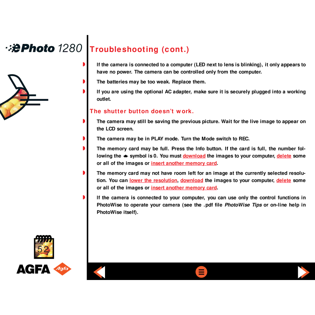 AGFA ePHOTO 1280 manual Shutter button doesn’t work 