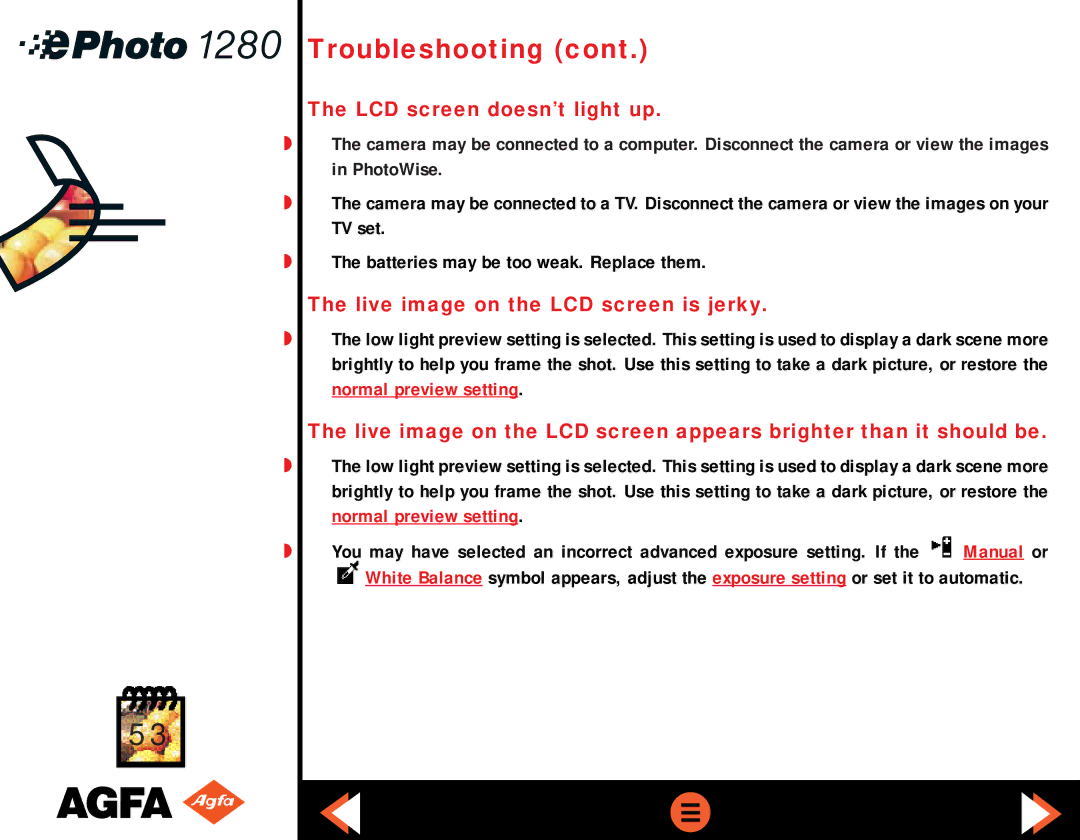 AGFA ePHOTO 1280 manual LCD screen doesn’t light up, Live image on the LCD screen is jerky 