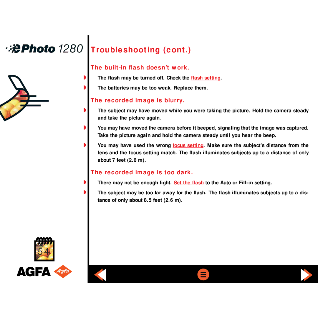 AGFA ePHOTO 1280 manual Built-in flash doesn’t work, Recorded image is blurry, Recorded image is too dark 