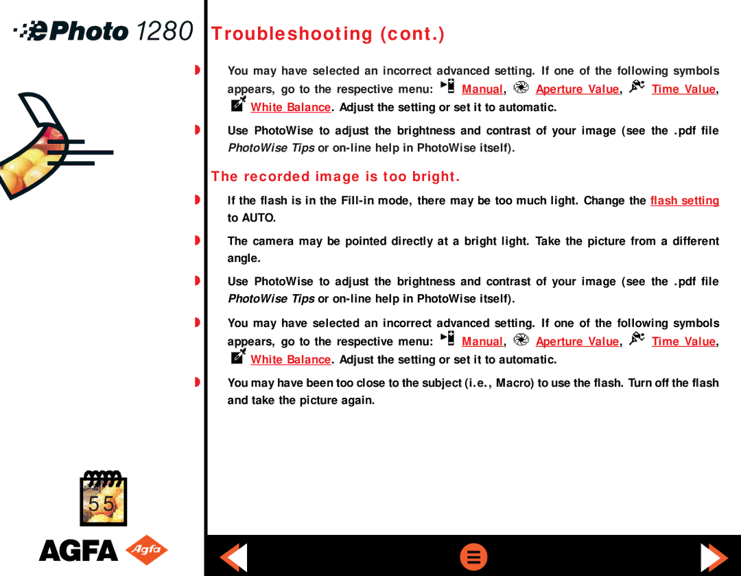AGFA ePHOTO 1280 manual Recorded image is too bright 
