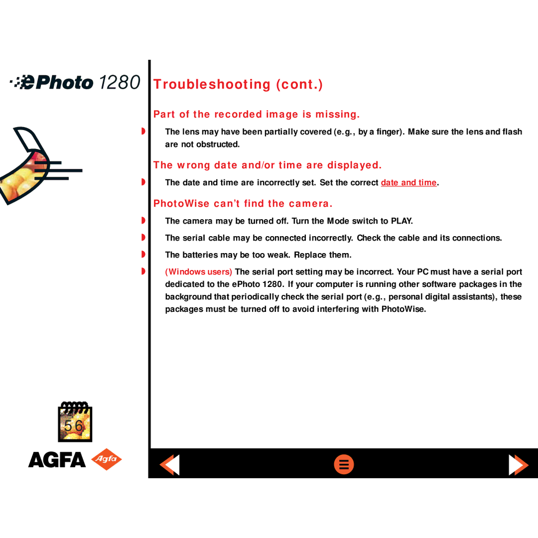 AGFA ePHOTO 1280 manual Part of the recorded image is missing, Wrong date and/or time are displayed 
