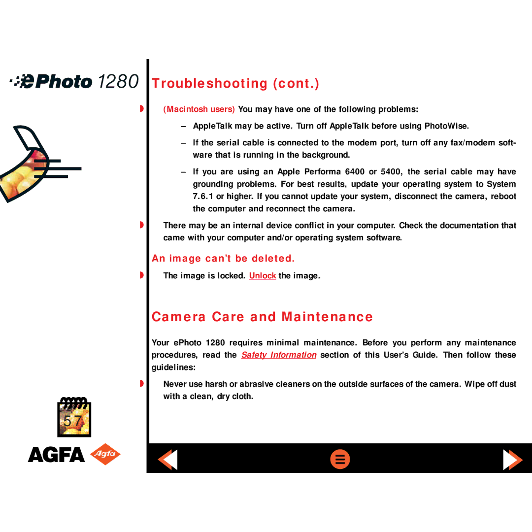 AGFA ePHOTO 1280 manual Camera Care and Maintenance, An image can’t be deleted 