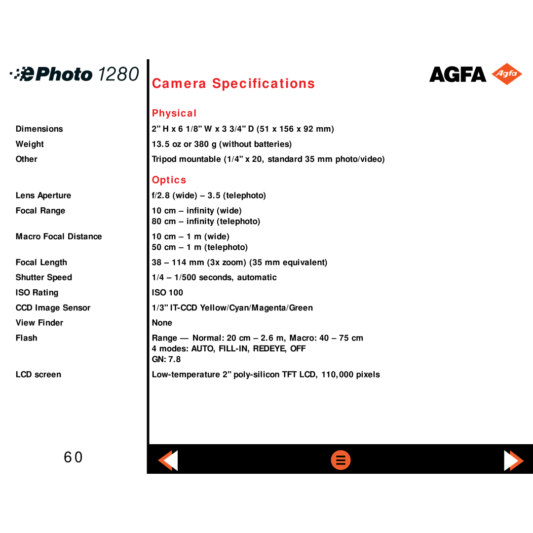 AGFA ePHOTO 1280 manual Camera Specifications, Physical, Optics 