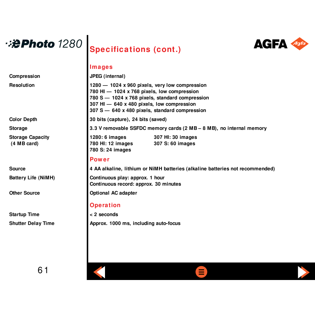 AGFA ePHOTO 1280 manual Specifications, Images, Power, Operation 