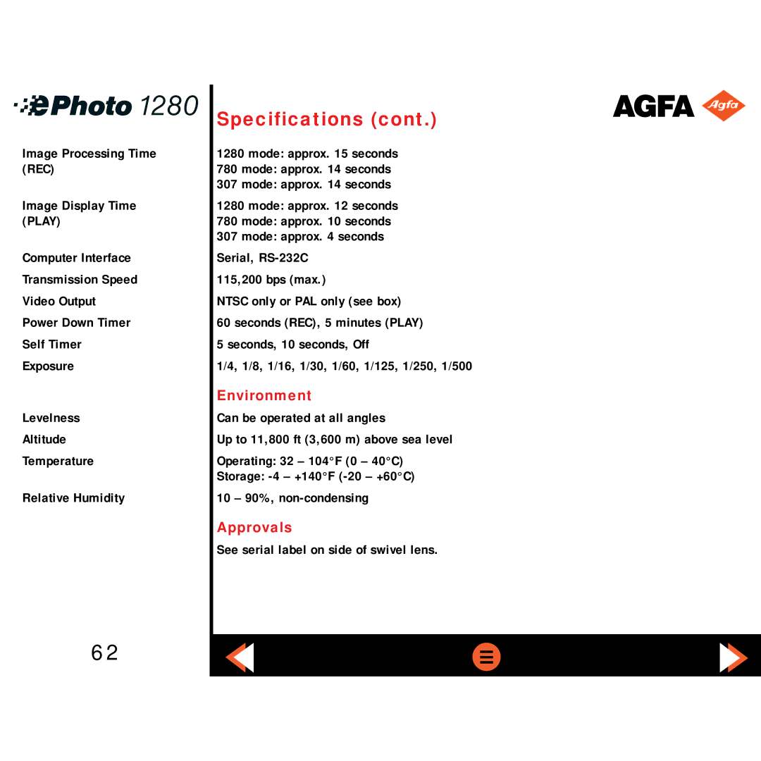 AGFA ePHOTO 1280 manual Environment, Approvals 