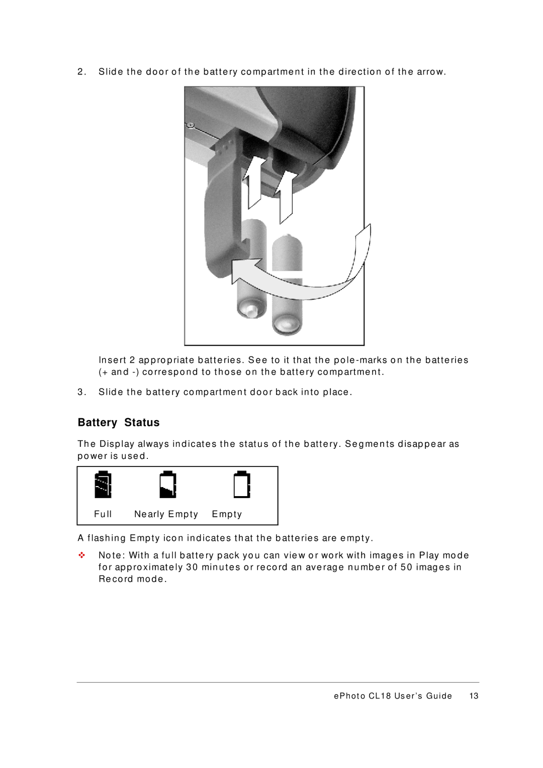 AGFA ePhoto CL18 manual Battery Status 