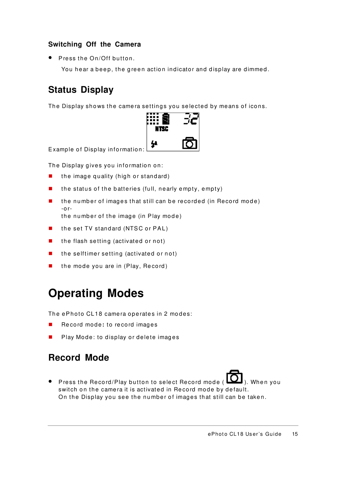 AGFA ePhoto CL18 manual Operating Modes, Status Display, Record Mode 