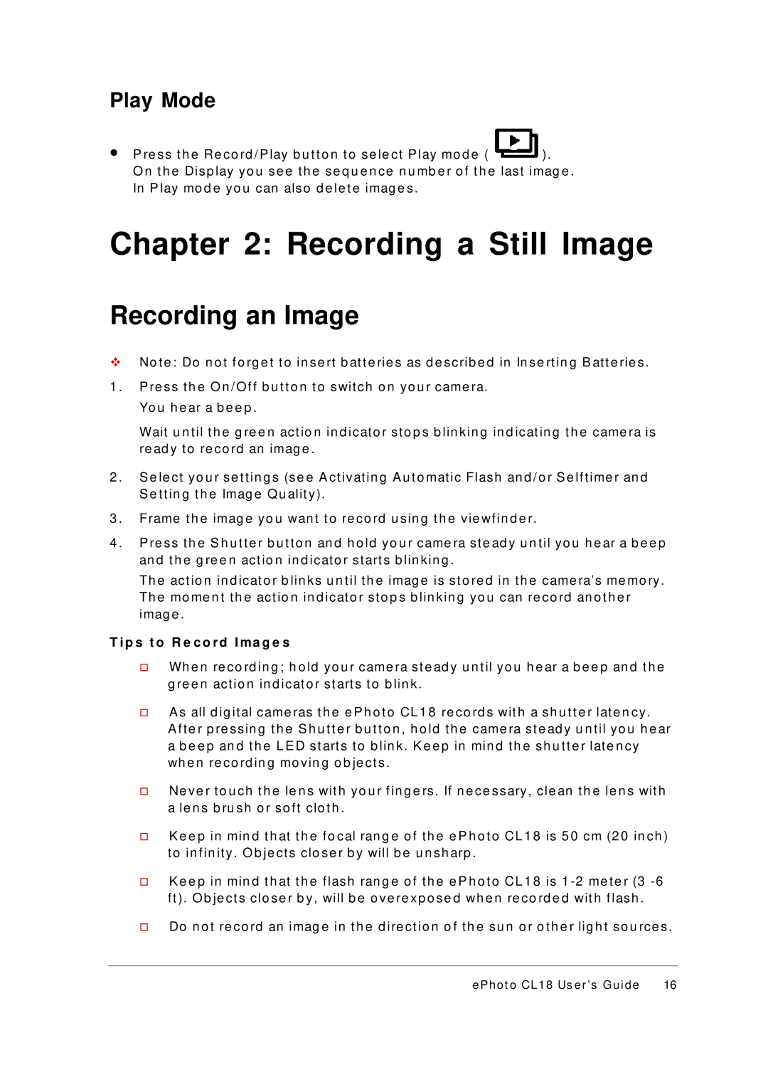 AGFA ePhoto CL18 manual Recording a Still Image, Recording an Image, Play Mode, P s t o R e c o r d I m a g e s 