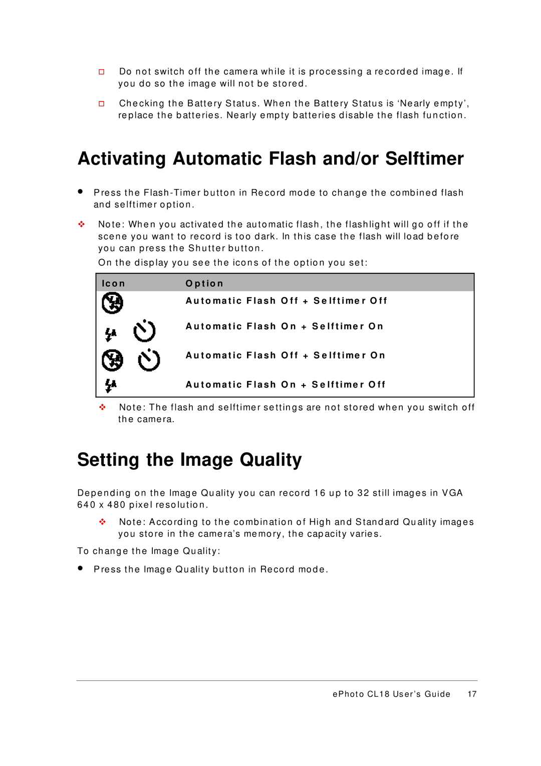 AGFA ePhoto CL18 manual Activating Automatic Flash and/or Selftimer, Setting the Image Quality 