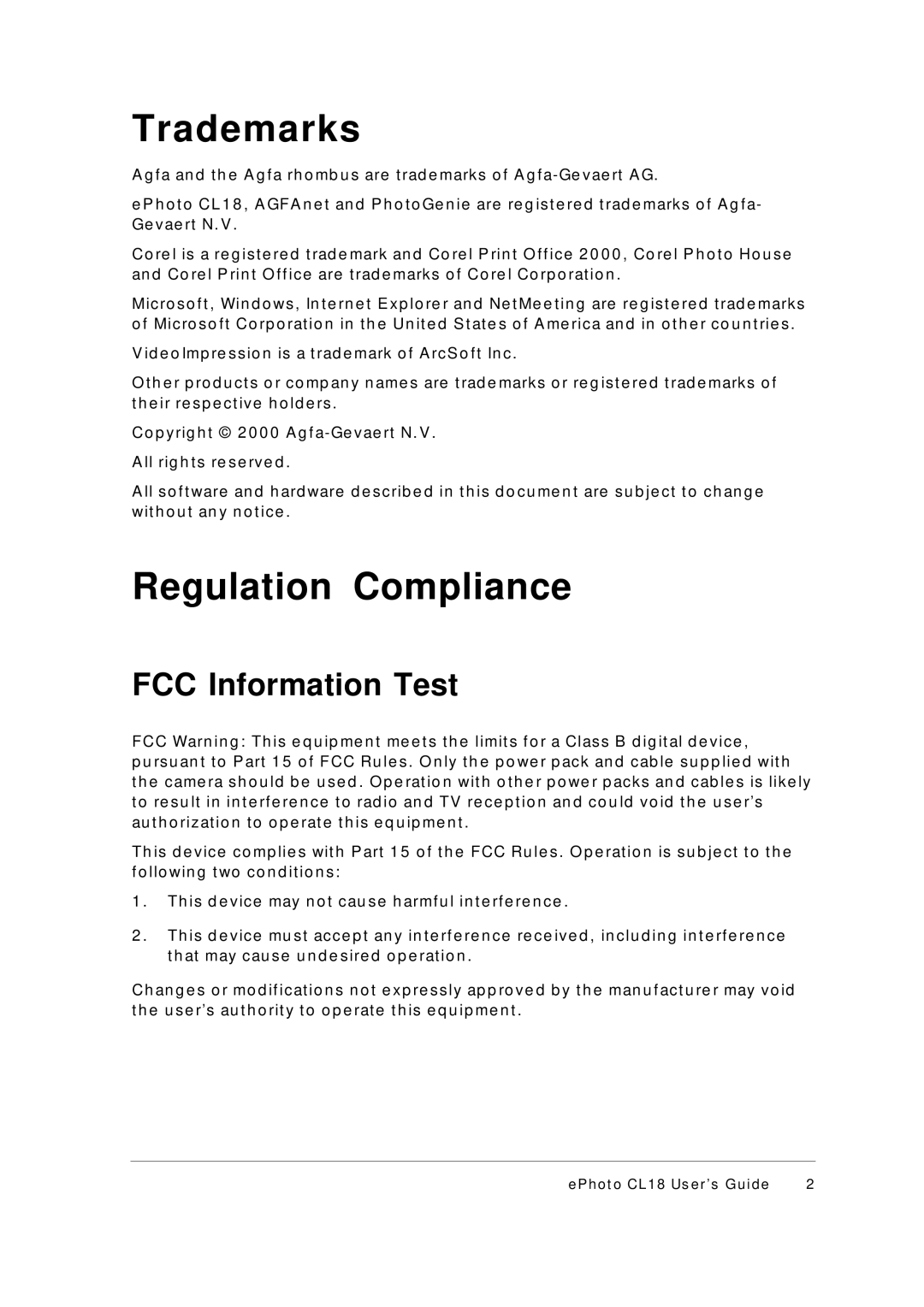 AGFA ePhoto CL18 manual Trademarks, Regulation Compliance, FCC Information Test 